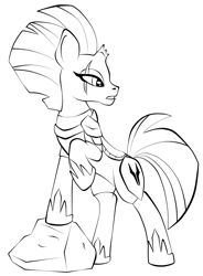 Size: 817x1113 | Tagged: safe, artist:virenth, tempest shadow, pony, unicorn, armor, black and white, broken horn, eye scar, female, grayscale, hoof shoes, horn, lineart, monochrome, raised hoof, scar, solo