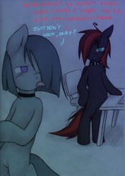 Size: 708x1000 | Tagged: safe, artist:lonelycross, marble pie, oc, oc:thunder smash, pony, ask lonely inky, bipedal, blood, chair, choker, collar, comic, dialogue, keyboard, leaving, lonely inky, nosebleed, peering, spiked collar, talking, tissue, tongue out, tumblr, walking, we don't normally wear clothes, wet mane