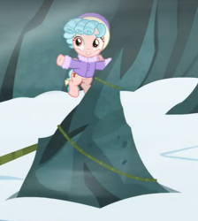 Size: 392x438 | Tagged: safe, screencap, cozy glow, pegasus, pony, frenemies (episode), clothes, coat, cropped, rock, snow, solo, winter outfit