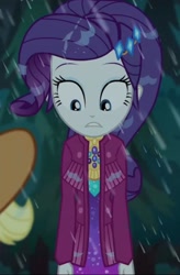 Size: 1133x1724 | Tagged: safe, screencap, applejack, rarity, better together, choose your own ending, equestria girls, inclement leather, inclement leather: applejack, applejack's hat, clothes, cowboy hat, cropped, cute, hat, rain, solo focus, wet