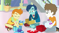 Size: 1280x720 | Tagged: safe, screencap, gallop j. fry, henry handle, manestrum, super funk, better together, equestria girls, holidays unwrapped, clothes, crossed legs, eyes closed, kids, legs, male, pants, plusplus, present, shoes, smiling, sneakers, toy