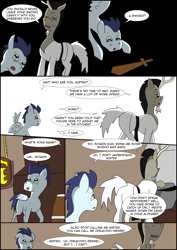 Size: 2480x3508 | Tagged: safe, artist:greeneyedmistress, discord, soarin', pony, comic:prelude to creation, colt, kitchen, male, pony discord, stallion, toy, wooden sword, younger