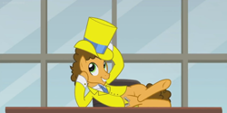 Size: 1366x682 | Tagged: safe, screencap, cheese sandwich, pony, the last laugh, clothes, desk, happy, hat, lying down, solo, top hat, tuxedo, window