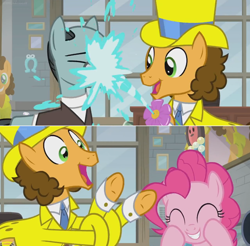 Size: 1364x1342 | Tagged: safe, derpibooru import, edit, edited screencap, screencap, cheese sandwich, pinkie pie, earth pony, pony, the last laugh, clothes, comic, elastic, factory, flower, gag factory, glasses, happy, hat, office, sans smirk, screencap comic, smiling, spray, suit, tied up, top hat, tuxedo, water