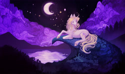 Size: 5976x3528 | Tagged: safe, alternate version, artist:sitaart, oc, oc only, oc:blue haze, pony, unicorn, bard, blonde, blonde mane, blonde tail, blue eyes, cloud, complex background, dungeons and dragons, eyes closed, fantasy class, female, grass, horn, lying down, mare, moon, mountain, mountain range, night, outdoors, pathfinder, pen and paper rpg, ponyfinder, prone, rpg, scenery, singing, smiling, stars, water