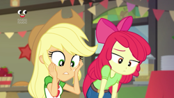 Size: 1280x720 | Tagged: safe, screencap, apple bloom, applejack, better together, equestria girls, holidays unwrapped, applejack's hat, bow, cowboy hat, female, geode of super strength, hair bow, hat, magical geodes, plusplus