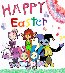 Size: 1891x2134 | Tagged: safe, artist:pokeneo1234, pound cake, pumpkin cake, animal costume, bunny costume, clothes, costume, crescenta butterfly, crossover, deltarune, easter egg, elora, happy easter, jevil, petscop, spyro the dragon, star vs the forces of evil