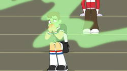 Size: 1280x720 | Tagged: safe, screencap, heath burns, teddy t. touchdown, better together, equestria girls, sock it to me, sock it to me: bulk biceps, background human, bleachers, clothes, foot odor, gasping, green face, male, nauseous, offscreen character, pants, shoes, smelly, sneakers, socks