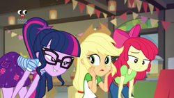 Size: 1280x720 | Tagged: safe, screencap, apple bloom, applejack, sci-twi, twilight sparkle, better together, equestria girls, holidays unwrapped, applejack's hat, belt, bow, clothes, cowboy hat, female, freckles, glasses, hat, jeans, pants, plusplus, ponytail, skirt, smiling, stetson