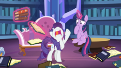 Size: 1671x938 | Tagged: safe, derpibooru import, screencap, rarity, twilight sparkle, twilight sparkle (alicorn), alicorn, pony, unicorn, dragon dropped, book, fainting couch, library, marshmelodrama, messy mane, nose in the air, twilight's castle, twilight's castle library