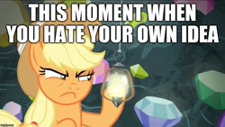 Size: 889x500 | Tagged: safe, derpibooru import, edit, edited screencap, screencap, applejack, earth pony, pony, dragon dropped, caption, female, gem, gem cave, image macro, lantern, mare, solo, text