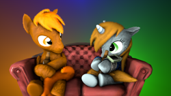 Size: 2000x1125 | Tagged: safe, artist:fic-flix, oc, oc only, oc:calamity, oc:littlepip, pegasus, pony, unicorn, fallout equestria, 3d, bottle, clothes, dashite, duo, fallout, fanfic, fanfic art, female, fluffy, freckles, gradient background, hooves, horn, male, mare, photoshop, pipbuck, piplamity, sitting, sofa, source filmmaker, stallion, vault suit, wings