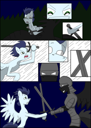 Size: 2480x3508 | Tagged: safe, artist:greeneyedmistress, soarin', pony, comic:prelude to creation, clothes, comic, corpse, fight, male, stallion, unknown pony, weapon