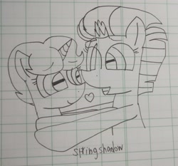 Size: 2817x2622 | Tagged: safe, artist:徐詩珮, fizzlepop berrytwist, spring rain, tempest shadow, pony, unicorn, broken horn, female, horn, lesbian, lineart, lined paper, mare, shipping, springshadow, traditional art