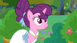 Size: 1920x1080 | Tagged: safe, screencap, sugar belle, pony, the big mac question, clothes, dress, pear tree, solo, tree, wedding dress