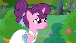 Size: 1920x1080 | Tagged: safe, screencap, sugar belle, pony, the big mac question, clothes, dress, pear tree, solo, tree, wedding dress