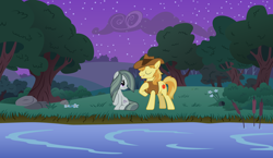 Size: 2064x1193 | Tagged: safe, braeburn, marble pie, a happy ending for marble pie, braeble, creek, evening, female, forest, happy ending, jon pardi, lyrics, lyrics in the description, male, night, outdoors, river, romance, scenery, serenade, shipping, singing, smiling, song reference, starry night, stars, straight, stream, text, tree, up all night, youtube link