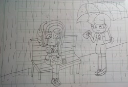 Size: 4384x2992 | Tagged: safe, artist:徐詩珮, fizzlepop berrytwist, spring rain, tempest shadow, equestria girls, crying, equestria girls-ified, female, lesbian, lineart, lined paper, rain, sad, shipping, springshadow, traditional art