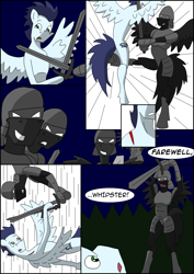 Size: 2480x3508 | Tagged: safe, artist:greeneyedmistress, soarin', pony, comic:prelude to creation, blood, clothes, comic, fight, kicking, male, stallion, unknown pony, vulgar, weapon