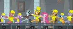 Size: 1830x734 | Tagged: safe, derpibooru import, edit, edited screencap, screencap, cheese sandwich, pinkie pie, earth pony, pony, the last laugh, clothes, composite screencap, conveyor belt, dancing, factory, female, gag factory, glasses, group, hard hats, hat, holding hooves, male, mare, panorama, sans smirk, stallion, top hat, tuxedo, window, worker