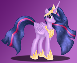 Size: 3462x2816 | Tagged: safe, artist:deannaphantom13, princess twilight 2.0, twilight sparkle, twilight sparkle (alicorn), alicorn, pony, the last problem, ethereal mane, female, high res, mare, older, older twilight, purple background, simple background, smiling, solo, starry mane