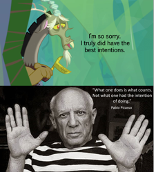 Size: 2032x2245 | Tagged: safe, edit, edited screencap, screencap, discord, human, the ending of the end, caption, discord drama, image macro, irl, irl human, pablo picasso, photo, quote, sad, text