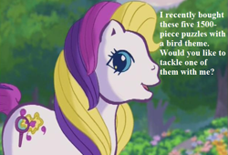 Size: 625x424 | Tagged: safe, edit, edited screencap, screencap, puzzlemint, pony, g3, greetings from unicornia, bronybait, cropped, cute, flower, puzzlebetes, speech, that pony sure does love puzzles, tree