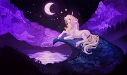 Size: 5976x3528 | Tagged: safe, artist:sitaart, oc, oc only, oc:blue haze, pony, unicorn, bard, blonde, blonde mane, blonde tail, blue eyes, cloud, complex background, dungeons and dragons, fantasy class, female, grass, horn, looking up, lying down, mare, moon, mountain, mountain range, night, outdoors, pathfinder, pen and paper rpg, ponyfinder, prone, rpg, scenery, singing, smiling, solo, stars, water