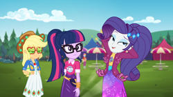 Size: 1366x768 | Tagged: safe, screencap, applejack, rarity, sci-twi, twilight sparkle, better together, choose your own ending, equestria girls, inclement leather, fry lilac, pose, varying degrees of want