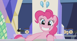 Size: 1366x740 | Tagged: safe, derpibooru import, screencap, pinkie pie, earth pony, pony, the last laugh, cute, female, grin, mare, peanut brittle, sitting, smiling, solo, throne, throne room, twilight's castle