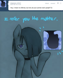 Size: 500x614 | Tagged: safe, artist:lonelycross, marble pie, pony, ask, ask lonely inky, choker, comic, dialogue, lonely inky, question, talking, tumblr, unamused, upside down