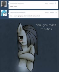 Size: 1039x1280 | Tagged: safe, artist:lonelycross, marble pie, oc, oc:starcatcher, pony, ask, ask lonely inky, blushing, choker, comic, cute, dialogue, lonely inky, question, shy, talking, tumblr