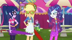 Size: 1366x768 | Tagged: safe, screencap, applejack, duke suave, rarity, sci-twi, twilight sparkle, better together, choose your own ending, equestria girls, inclement leather, inclement leather: vignette valencia, cute, hashtag rain hair don't care, jackabetes, makeup, mascara, running makeup, smiling, sunglasses, umbrella, wet, wet mane, wet mane rarity