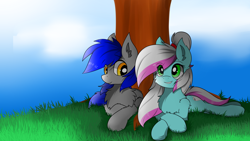 Size: 3200x1800 | Tagged: safe, artist:llhopell, oc, oc:hope(llhopell), oc:soffy, earth pony, pegasus, pony, cloud, female, grass, hoffy, male, shipping, sky, smiling, tree