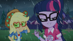 Size: 1366x768 | Tagged: safe, screencap, applejack, sci-twi, twilight sparkle, better together, choose your own ending, equestria girls, inclement leather, inclement leather: twilight sparkle, rain, raised eyebrow, smuglight sparkle