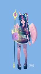 Size: 1024x1853 | Tagged: safe, artist:eiranosaur, twilight sparkle, twilight sparkle (alicorn), alicorn, equestria girls, clothes, female, horn, smiling, solo, staff, wings