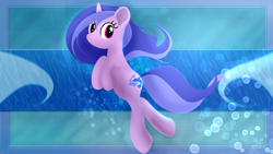 Size: 2560x1440 | Tagged: safe, artist:startledflowerpony, sea swirl, seafoam, pony, unicorn, background pony, bubble, female, mare, solo, underwater