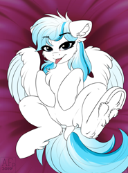 Size: 3618x4887 | Tagged: safe, artist:airfly-pony, oc, oc:wind feather, pony, cheek fluff, chest fluff, dock, ear fluff, featureless crotch, female, leg fluff, rcf community, solo, tongue out