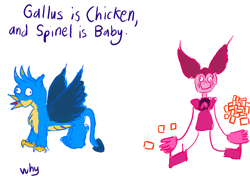 Size: 1400x1000 | Tagged: safe, artist:horsesplease, gallus, 1000 hours in ms paint, crowing, derp, gallus the rooster, gem, spinel (steven universe), why