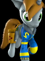 Size: 842x1125 | Tagged: safe, artist:fic-flix, oc, oc only, oc:littlepip, pony, unicorn, fallout equestria, 3d, black background, clothes, cute, fanfic, fanfic art, female, fluffy, green eyes, holster, hooves, horn, jacket, looking at you, mare, photoshop, simple background, solo, source filmmaker, vault suit