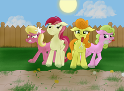 Size: 2446x1800 | Tagged: safe, artist:sixes&sevens, carrot top, daisy, flower wishes, golden harvest, lily, lily valley, roseluck, earth pony, pony, angry, dandelion, fence, flower trio, garden, gardening, grass, hoe, inktober, inktober 2019, mouth hold, snarling, sun, weeds