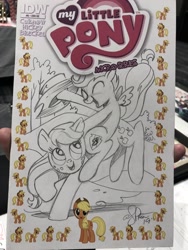 Size: 1536x2048 | Tagged: safe, artist:andypriceart, derpibooru import, idw, applejack, scootaloo, earth pony, pegasus, pony, bucking, cowboy hat, cute, cutealoo, duo, female, filly, hat, jackabetes, mare, pencil drawing, ponies riding ponies, traditional art