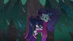 Size: 1280x720 | Tagged: safe, screencap, rarity, sci-twi, twilight sparkle, better together, choose your own ending, equestria girls, inclement leather, inclement leather: twilight sparkle, cuddling, cute, glasses, happy, holding, hug, outdoors, rain, raribetes, smiling, surprised, trash bag, tree, twiabetes