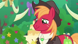 Size: 1920x1080 | Tagged: safe, screencap, big macintosh, pony, the big mac question, apple, apple tree, clothes, hat, solo, suit, tree