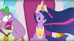 Size: 1678x936 | Tagged: safe, screencap, princess twilight 2.0, spike, twilight sparkle, twilight sparkle (alicorn), alicorn, dragon, the last problem, big eyes, faic, gigachad spike, older, older spike, older twilight