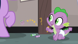 Size: 1920x1080 | Tagged: safe, screencap, spike, twilight sparkle, dragon, sparkle's seven, baby, baby dragon, baby spike, crayon, crayon drawing, cute, daaaaaaaaaaaw, diaper, discovery family logo, female, filly, filly twilight sparkle, happy, offscreen character, smiling, spikabetes, traditional art, younger