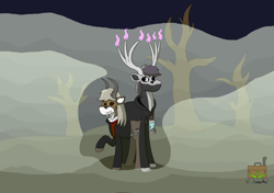 Size: 1280x903 | Tagged: safe, artist:vol_audacity, oc, oc:leviathan "vol" audacity, oc:lumos, deer, hybrid, original species, pony, fog, hourglass, smiling, spooky