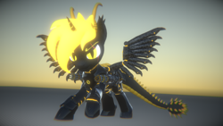 Size: 3840x2160 | Tagged: safe, artist:phoenixtm, oc, oc:phoenix stardash, cyborg, dracony, hybrid, 3d, battle stance, dracony alicorn, ethereal mane, glowing eyes, spread wings, wings