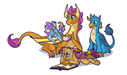 Size: 1024x605 | Tagged: safe, artist:moonlightfan, gallus, smolder, oc, oc:garry, dragon, griffon, cup, dragoness, female, male, niclove, offspring, parent:gallus, parent:smolder, parents:smollus, paws, quartet, simple background, smollus, teacup, underpaw, white background