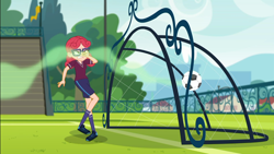 Size: 1918x1080 | Tagged: safe, screencap, alizarin bubblegum, better together, choose your own ending, equestria girls, sock it to me, sock it to me: bulk biceps, bleachers, clothes, disgusted, female, fence, foot odor, football, glasses, holding nose, plugged nose, shorts, smelly, soccer field, soccer goalpost, sports